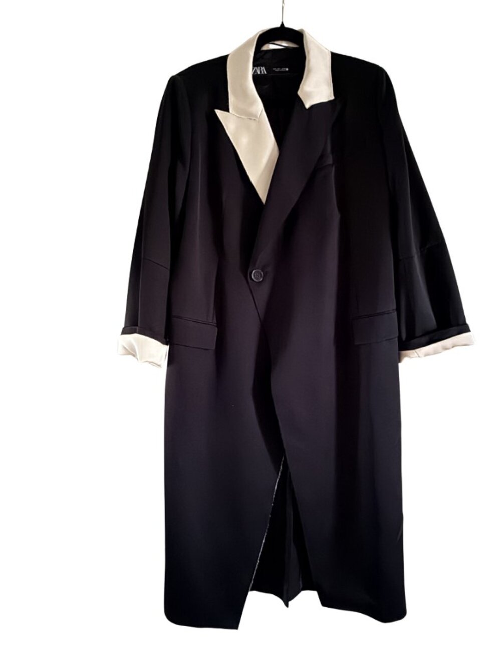 Zara Blazer - long black satin with ivory asymmetrical collar - Picture 3 of 7